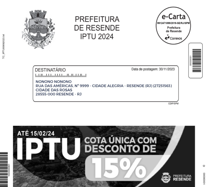 PROPRIETÁRIOS DE IMÓVEIS COMERCIAIS E RESIDENCIAIS DE RESENDE TÊM ATÉ 20 DE DEZEMBRO PARA QUITAR O IPTU 2024