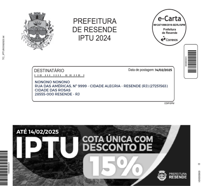 PAGAMENTO DO IPTU DE RESENDE ATÉ 14 DE FEVEREIRO GARANTE 15% DE DESCONTO EM COTA ÚNICA